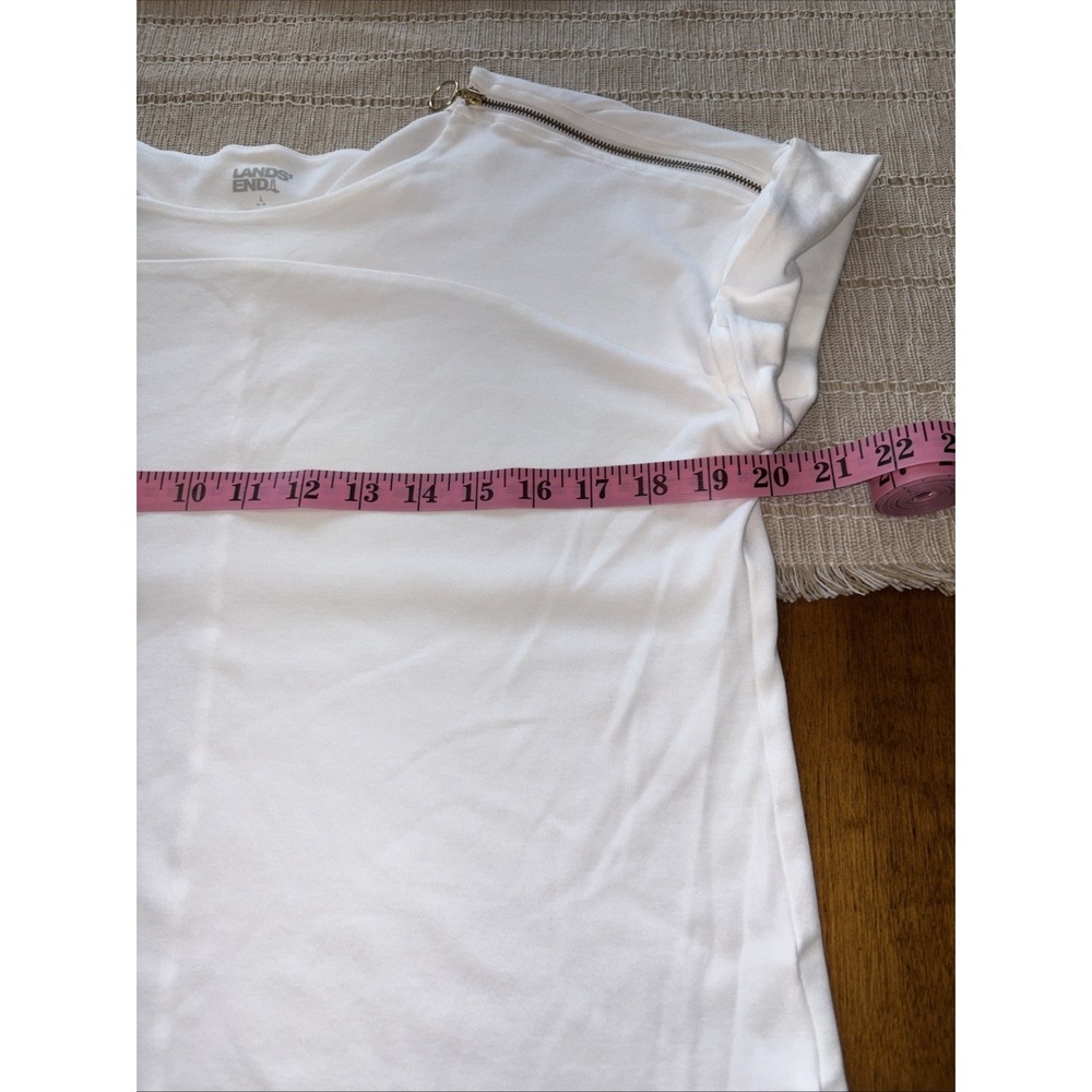 Lands' End White Solid Short Sleeve Round Neck T-Shirt Zipper Logo Women's L - Picture 5 of 8